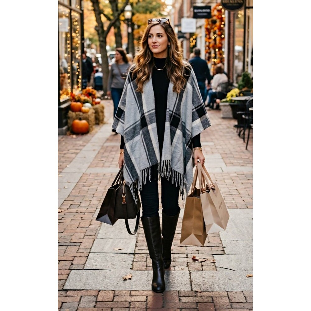 NWT Loft Outlet Women's Plaid Fringe Shawl Wrap Gray Black White Onesize
